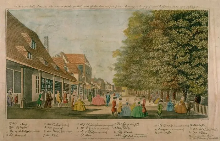 Framed Print : Street scene in the Pantiles, Tunbridge Wells, Kent, with eminent visitors including Dr Johnson and David Garrick Date: 1748 Framed Print : Street scene in the Pantiles, Tunbridge Wells, Kent, with eminent visitors including Dr Johnson and David Garrick Date: 1748