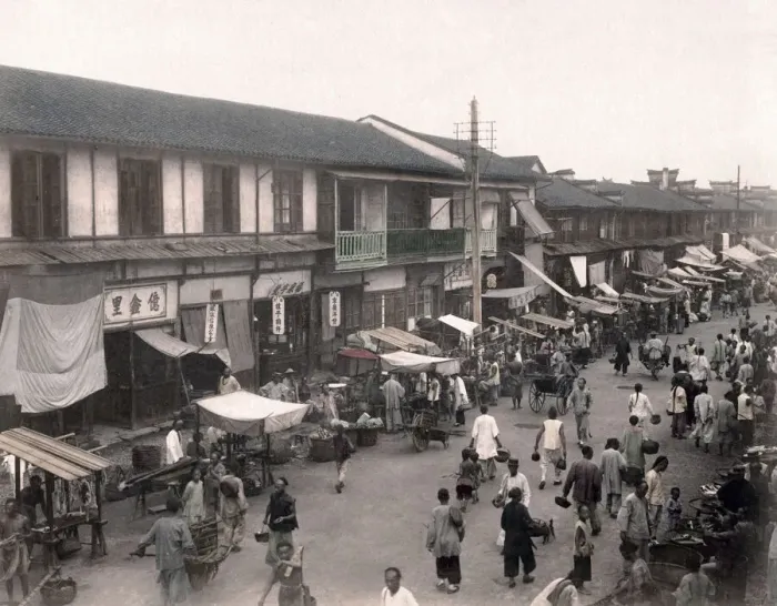 Framed Print : Street scene with pedestrians, Shanghai, China, c1890 Framed Print : Street scene with pedestrians, Shanghai, China, c1890