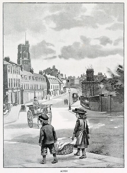 A street scene in the quiet suburb of Acton, west London, with children fetching laundry and horse-drawn carts the only traffic. Date: circa 1880
