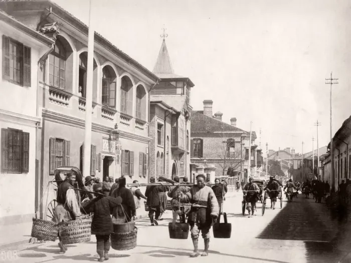 Framed Print : Street scene, Shanghai, China, c. 1890 s, porter and traffic Framed Print : Street scene, Shanghai, China, c. 1890 s, porter and traffic
