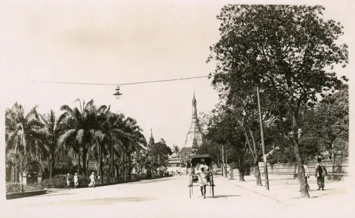 Framed Print : Street scene and Shwe Dagon Pagoda, Rangoon, Burma Framed Print : Street scene and Shwe Dagon Pagoda, Rangoon, Burma