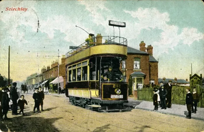 Framed Print : Street Scene with Tram Car, Stirchley, Warwickshire Framed Print : Street Scene with Tram Car, Stirchley, Warwickshire