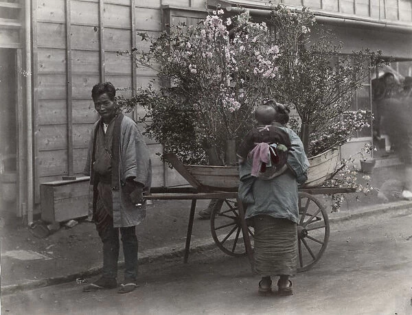 Street seller vendor with a barrow of flowers, Japan