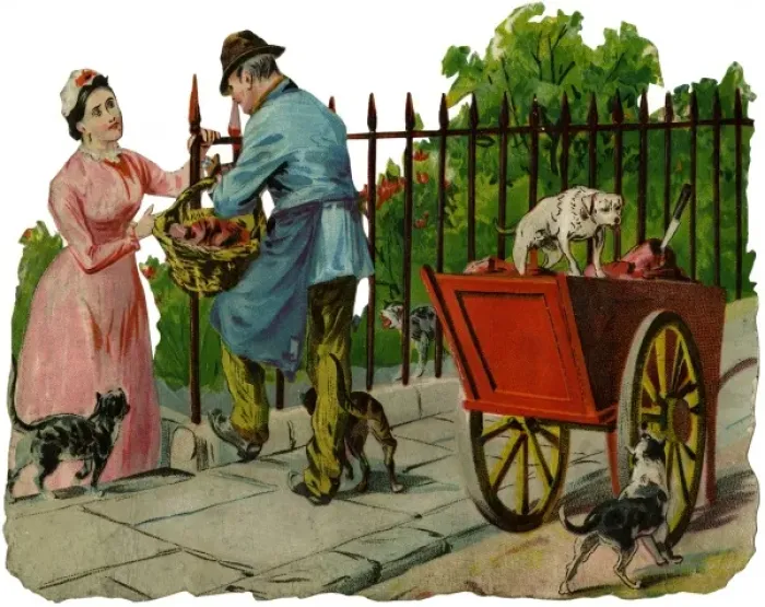 Framed Print : Street trader selling meat in the 1880s Framed Print : Street trader selling meat in the 1880s