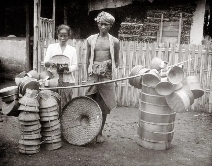 Framed Print : Street vendor Batavia Indonesia with pots and baskets Framed Print : Street vendor Batavia Indonesia with pots and baskets