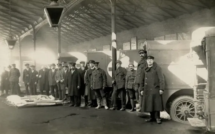 Framed Print : Stretcher bearers waiting for ambulance train arrival Framed Print : Stretcher bearers waiting for ambulance train arrival