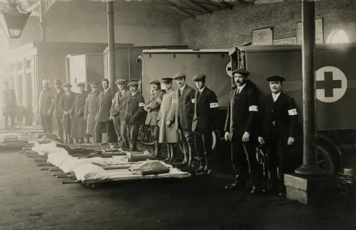 Framed Print : Stretcher bearers waiting for ambulance train arrival Framed Print : Stretcher bearers waiting for ambulance train arrival