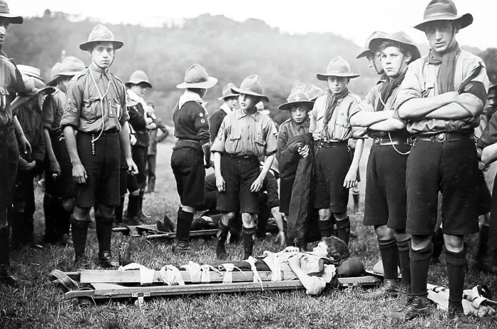 Framed Print : Stretcher party, Boy Scouts, early 1900s Framed Print : Stretcher party, Boy Scouts, early 1900s