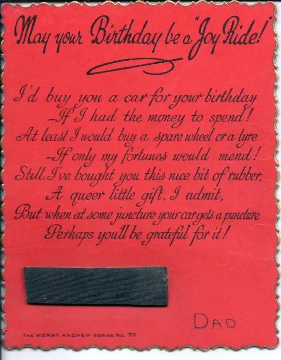 Framed Print : Strip of rubber with comic verse on a birthday card Framed Print : Strip of rubber with comic verse on a birthday card
