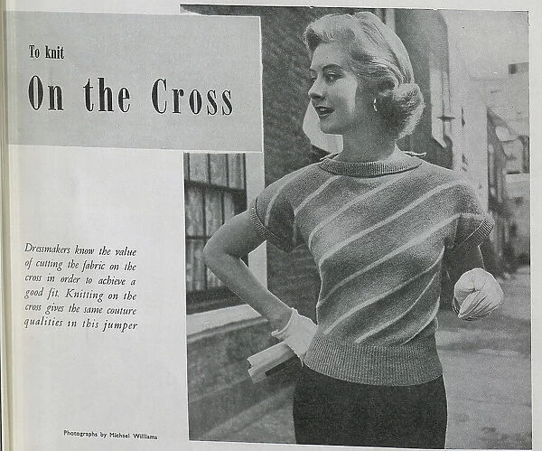 A striped jumper, knitted 'on the cross'. Date: 1954