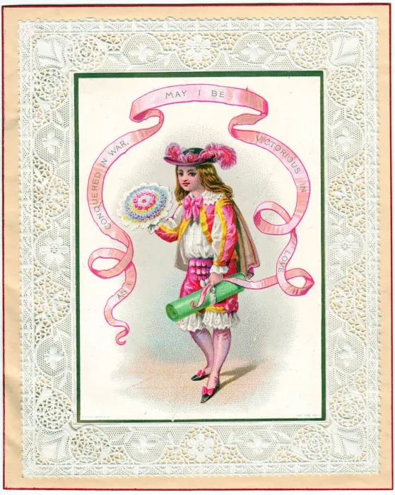Framed Print : Stuart period soldier home from the war on a Valentine card Framed Print : Stuart period soldier home from the war on a Valentine card