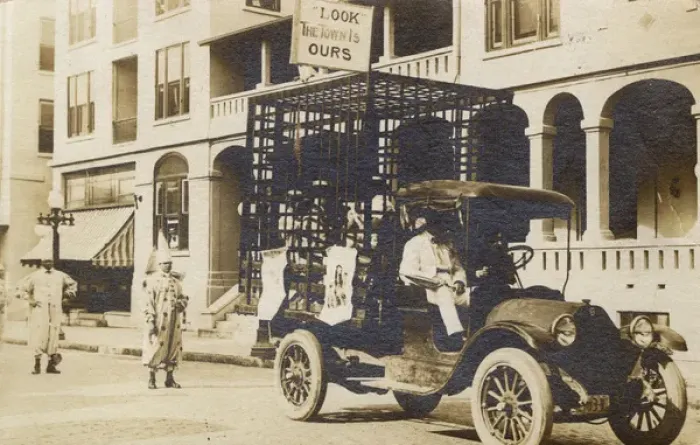 Framed Print : Studebaker flatbed truck with men in cage, USA Framed Print : Studebaker flatbed truck with men in cage, USA