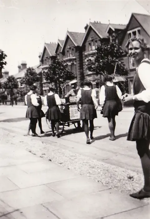 Framed Print : Students and ice cream seller in Warwick Avenue possibly Framed Print : Students and ice cream seller in Warwick Avenue possibly