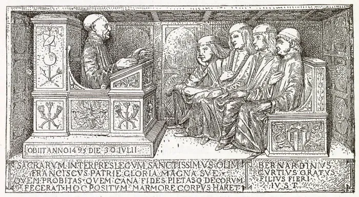 Framed Print : Students at university in Italy. Italian scholars with their tutor. Date: 15th century Framed Print : Students at university in Italy. Italian scholars with their tutor. Date: 15th century