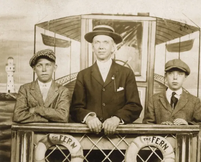 Framed Print : Studio photo, three people on board ship, The Fern Framed Print : Studio photo, three people on board ship, The Fern