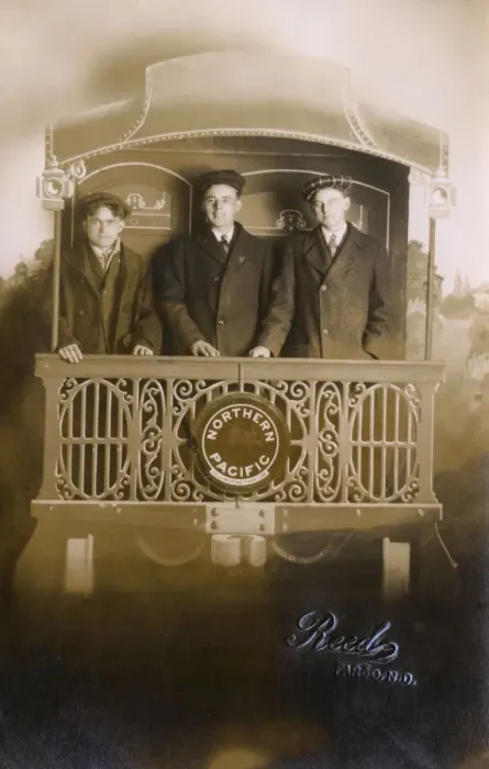 Framed Print : Studio photo, three young men on Northern Pacific train Framed Print : Studio photo, three young men on Northern Pacific train