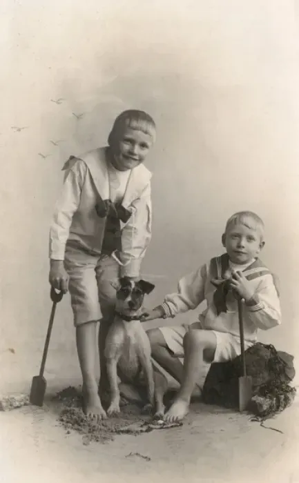 Framed Print : Studio portrait, two boys with Jack Russell terrier Framed Print : Studio portrait, two boys with Jack Russell terrier