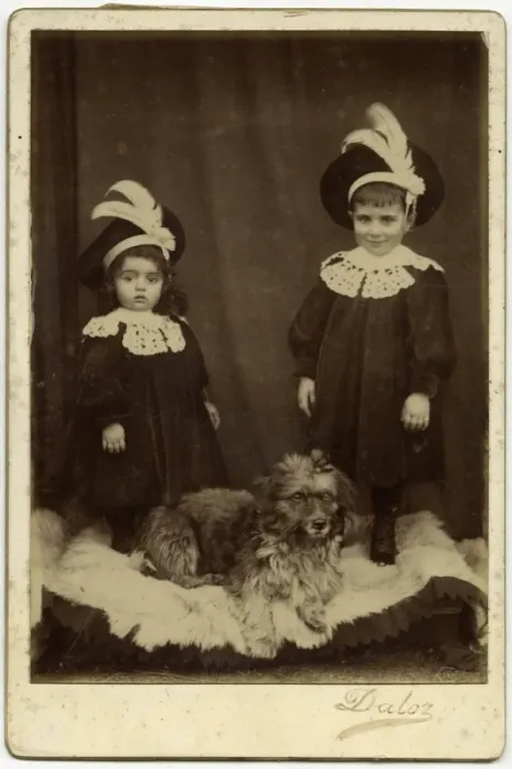 Framed Print : Studio portrait, two children with dog Framed Print : Studio portrait, two children with dog