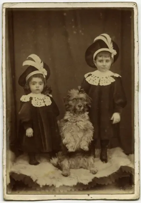 Framed Print : Studio portrait, two children with dog Framed Print : Studio portrait, two children with dog
