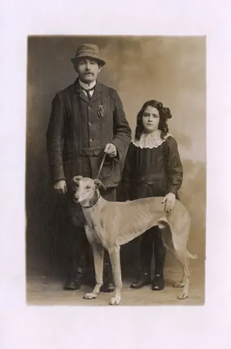 Framed Print : Studio portrait, father and daughter with greyhound Framed Print : Studio portrait, father and daughter with greyhound
