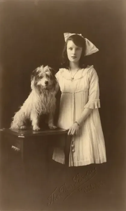 Framed Print : Studio portrait, girl with Yorkshire terrier Framed Print : Studio portrait, girl with Yorkshire terrier