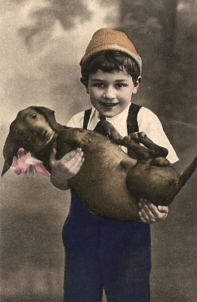 Studio portrait, little boy with dachshund