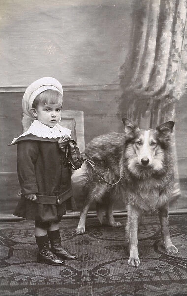 Studio portrait, little boy with a dog