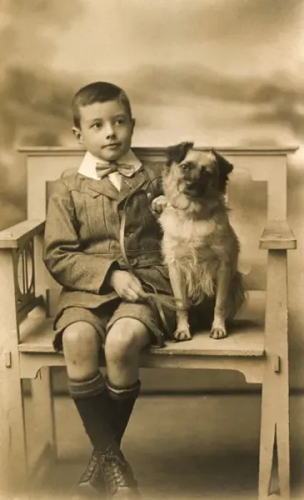 Framed Print : Studio portrait, little boy with his dog Framed Print : Studio portrait, little boy with his dog