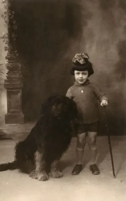 Framed Print : Studio portrait, little girl with large dog, France Framed Print : Studio portrait, little girl with large dog, France