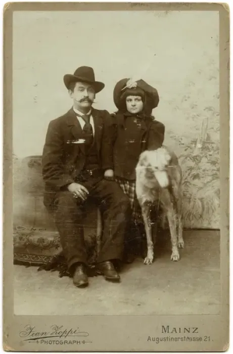Framed Print : Studio portrait, man, girl and dog Framed Print : Studio portrait, man, girl and dog