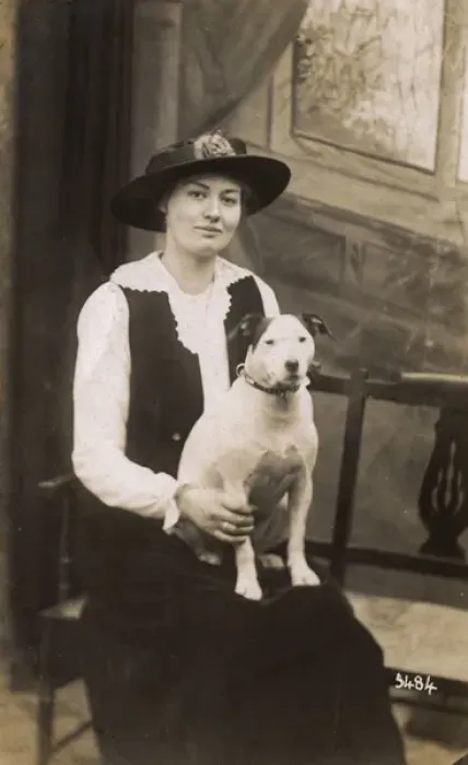 Framed Print : Studio portrait, woman with bull terrier