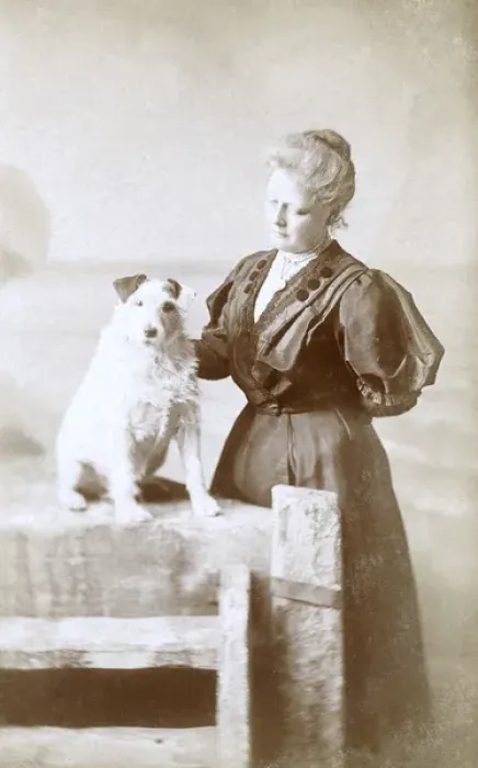 Framed Print : Studio portrait, woman with dog Framed Print : Studio portrait, woman with dog