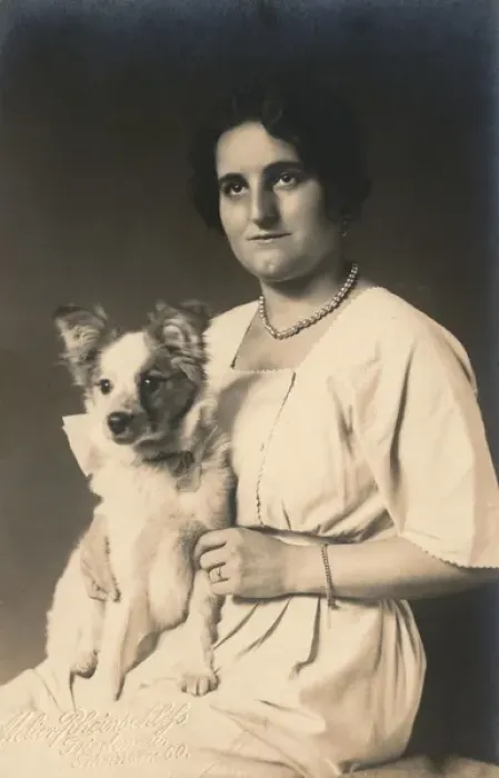 Framed Print : Studio portrait, woman with dog, Germany Framed Print : Studio portrait, woman with dog, Germany