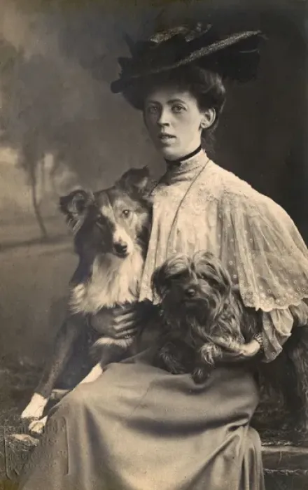 Framed Print : Studio portrait, woman with two dogs Framed Print : Studio portrait, woman with two dogs