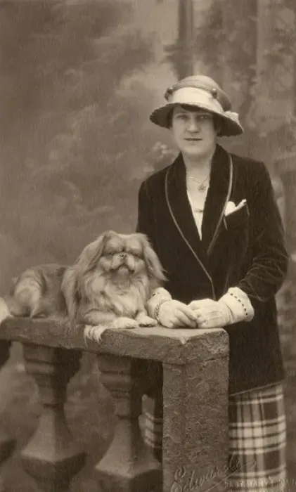 Framed Print : Studio portrait, woman with Pekingese dog Framed Print : Studio portrait, woman with Pekingese dog