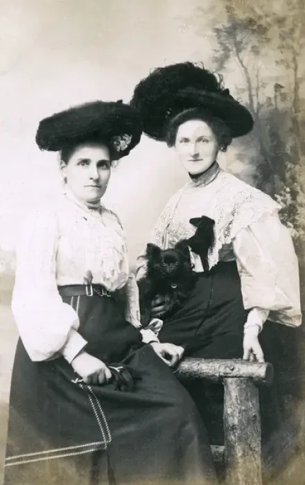 Framed Print : Studio portrait, two women with a small dog Framed Print : Studio portrait, two women with a small dog