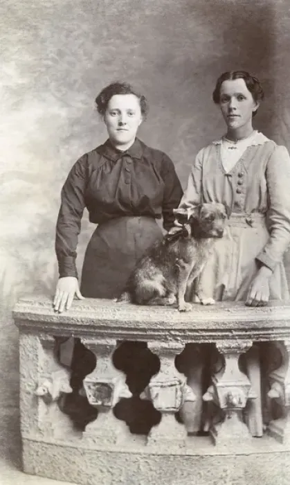 Framed Print : Studio portrait, two women with a small dog Framed Print : Studio portrait, two women with a small dog