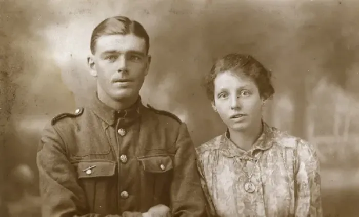 Framed Print : Studio portrait, young couple, WW1 Framed Print : Studio portrait, young couple, WW1