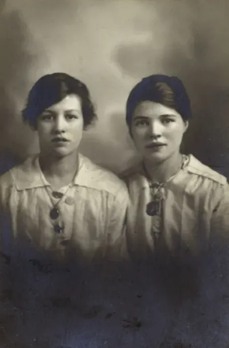 Framed Print : Studio portrait, two young women in white blouses Framed Print : Studio portrait, two young women in white blouses