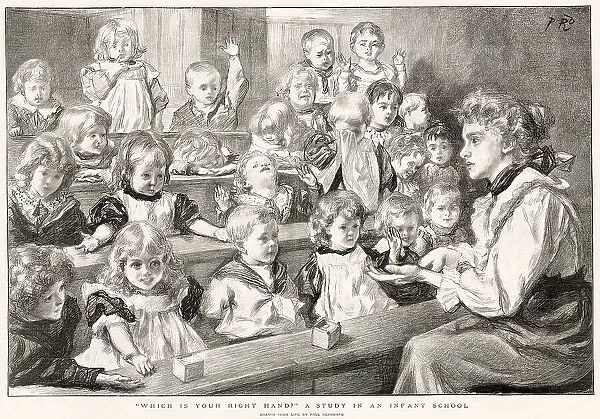A study in an infant school, where the young children are learning their left and right hands. Date: 1898