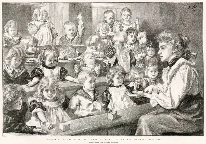 Framed Print : A study in an infant school, where the young children are learning their left and right hands. Date: 1898 Framed Print : A study in an infant school, where the young children are learning their left and right hands. Date: 1898