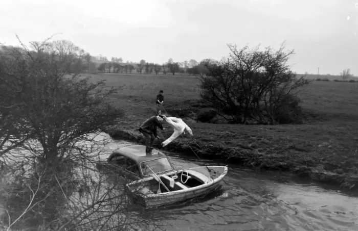 Framed Print : Stuntman attempts to fly car over river Framed Print : Stuntman attempts to fly car over river