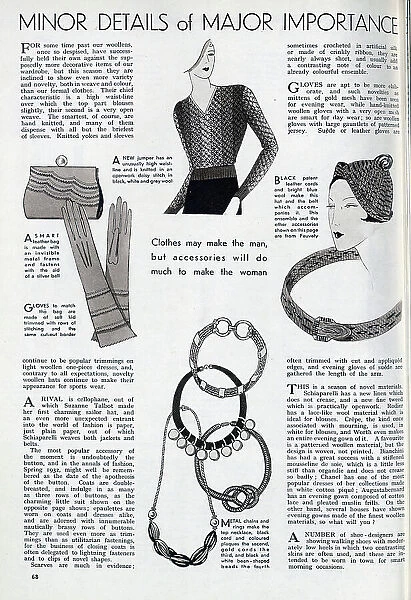 Styles of women's accessories popular in Spring 1932. Date: 1932