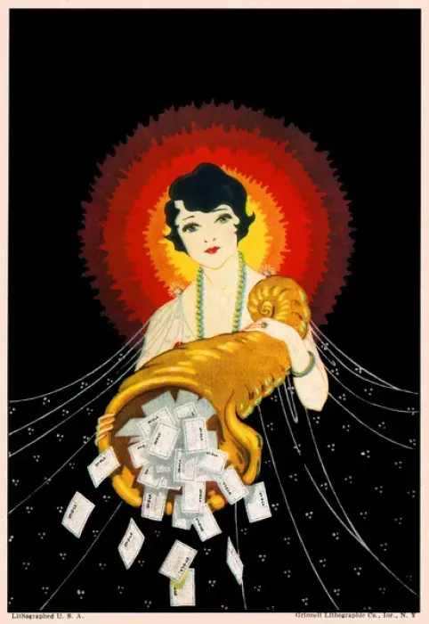 Framed Print : A stylised 1920s Woman holding a cornucopia of dye packets Framed Print : A stylised 1920s Woman holding a cornucopia of dye packets