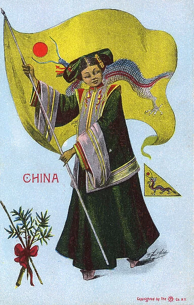 Stylised Chinese woman holding a large dragon flag