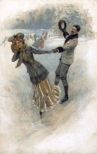 A stylish couple go ice skating