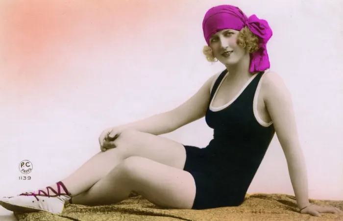 Framed Print : Stylish French Fashion model in swimwear and pink headscarf Framed Print : Stylish French Fashion model in swimwear and pink headscarf