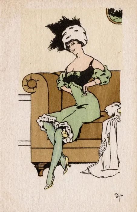 Framed Print : Stylish French Girl in low-cut black and green dress