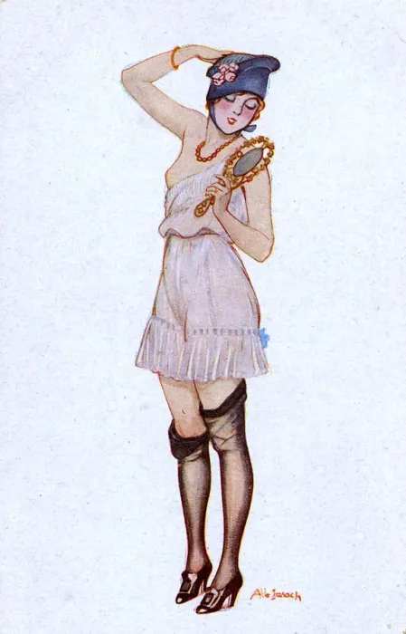 Framed Print : Stylish French Girl in revealing negligee with hand mirror