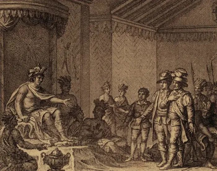 Framed Print : Submission of Atahualpa. Engraving, 1807 Framed Print : Submission of Atahualpa. Engraving, 1807